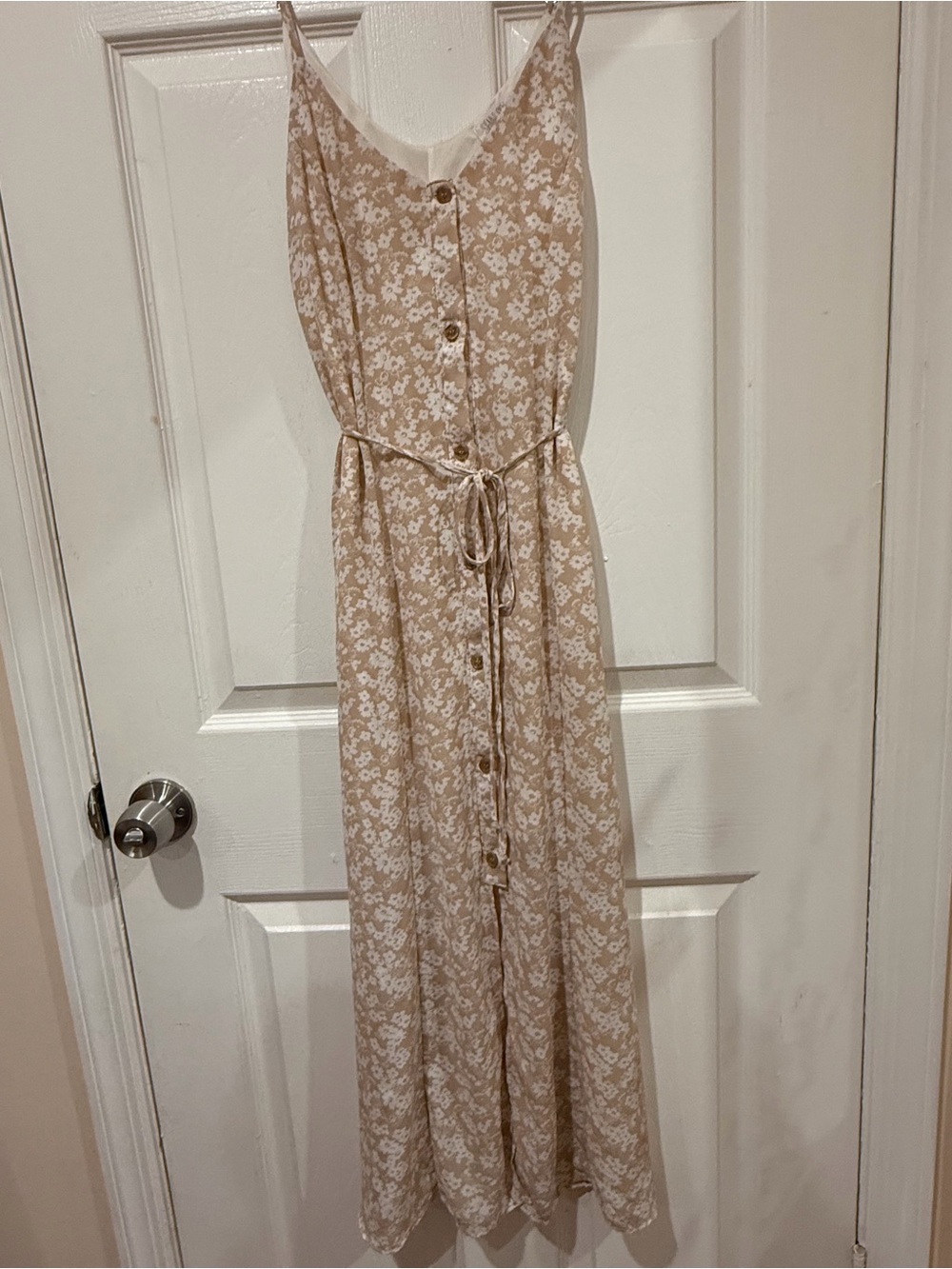 Sienna Sky Beige and White Floral Button-Front Maxi Dress